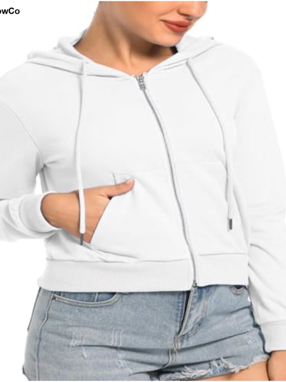 Cropped Zip Up Hoodie Long Sleeve Athletic Sweatshirt Cotton Blend